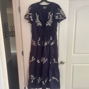 Anthropologie Navy and White Embroidered Maxi Dress